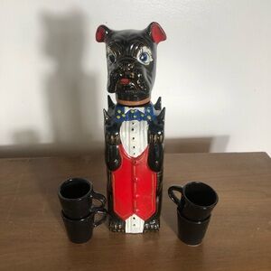 Vintage MCM Redware dog ceramic decanter set hand painted
